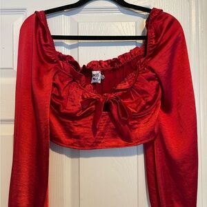 Princess Polly Red Satin Long-Sleeve Tie-Front Crop Top